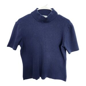 St. John Collection Navy Blue Ribbed Knit Short Sleeve Mock Neck Top Wool Office